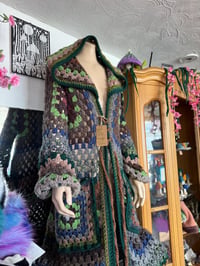 Image 3 of Forest Girl - crochet cardigan duster - green brown maxi long hooded cardi - acrylic vegan - cors...