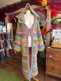 Image 3 of Spring Fling - crochet maxi long hooded cardigan duster - big pockets hood - pink green blue purp...