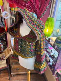 Image 3 of Sage - cropped hooded jumper/sweater - flared bell sleeve - handmade crochet - red green gold aut...