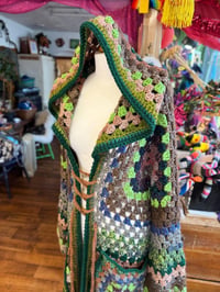Image 4 of Forest Girl - crochet cardigan duster - green brown maxi long hooded cardi - acrylic vegan - cors...