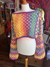 Image 3 of Ethereal - Cropped jumper crop top off shoulder - wide flared sleeve - handmade crochet - pastel ...
