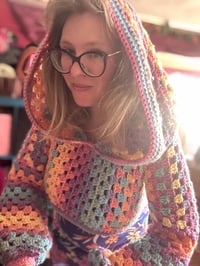 Image 4 of Cropped crop hooded jumper/sweater hood - flared bell sleeve - handmade crochet - wool acrylic - ...