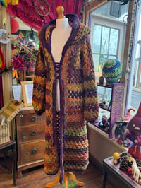 Image 4 of Mellow - crochet cardigan duster - orange purple green brown maxi long hooded cardi - acrylic veg...