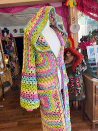 Image 4 of Spring Fling - crochet maxi long hooded cardigan duster - big pockets hood - pink green blue purp...