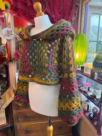 Image 4 of Sage - cropped hooded jumper/sweater - flared bell sleeve - handmade crochet - red green gold aut...