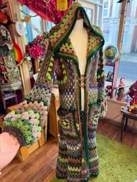 Image 5 of Forest Girl - crochet cardigan duster - green brown maxi long hooded cardi - acrylic vegan - cors...