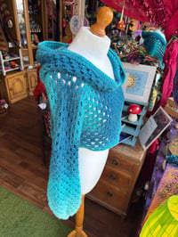 Image 4 of Seabeam - lightweight cropped hooded jumper/sweater - flared bell sleeve - handmade crochet - blu...