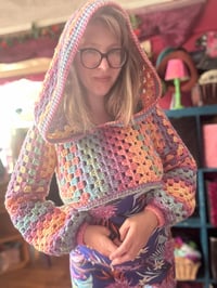 Image 5 of Cropped crop hooded jumper/sweater hood - flared bell sleeve - handmade crochet - wool acrylic - ...