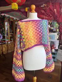 Image 4 of Ethereal - Cropped jumper crop top off shoulder - wide flared sleeve - handmade crochet - pastel ...