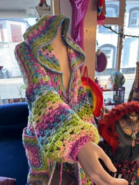 Image 5 of Spring Fling - crochet maxi long hooded cardigan duster - big pockets hood - pink green blue purp...