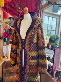 Image 5 of Mellow - crochet cardigan duster - orange purple green brown maxi long hooded cardi - acrylic veg...