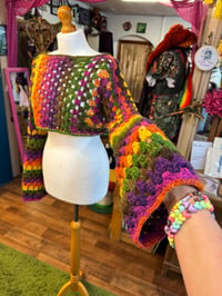 Image 5 of Retrovision - Crochet slash neck crop jumper - handspun sparkly merino wool pink orange yellow br...