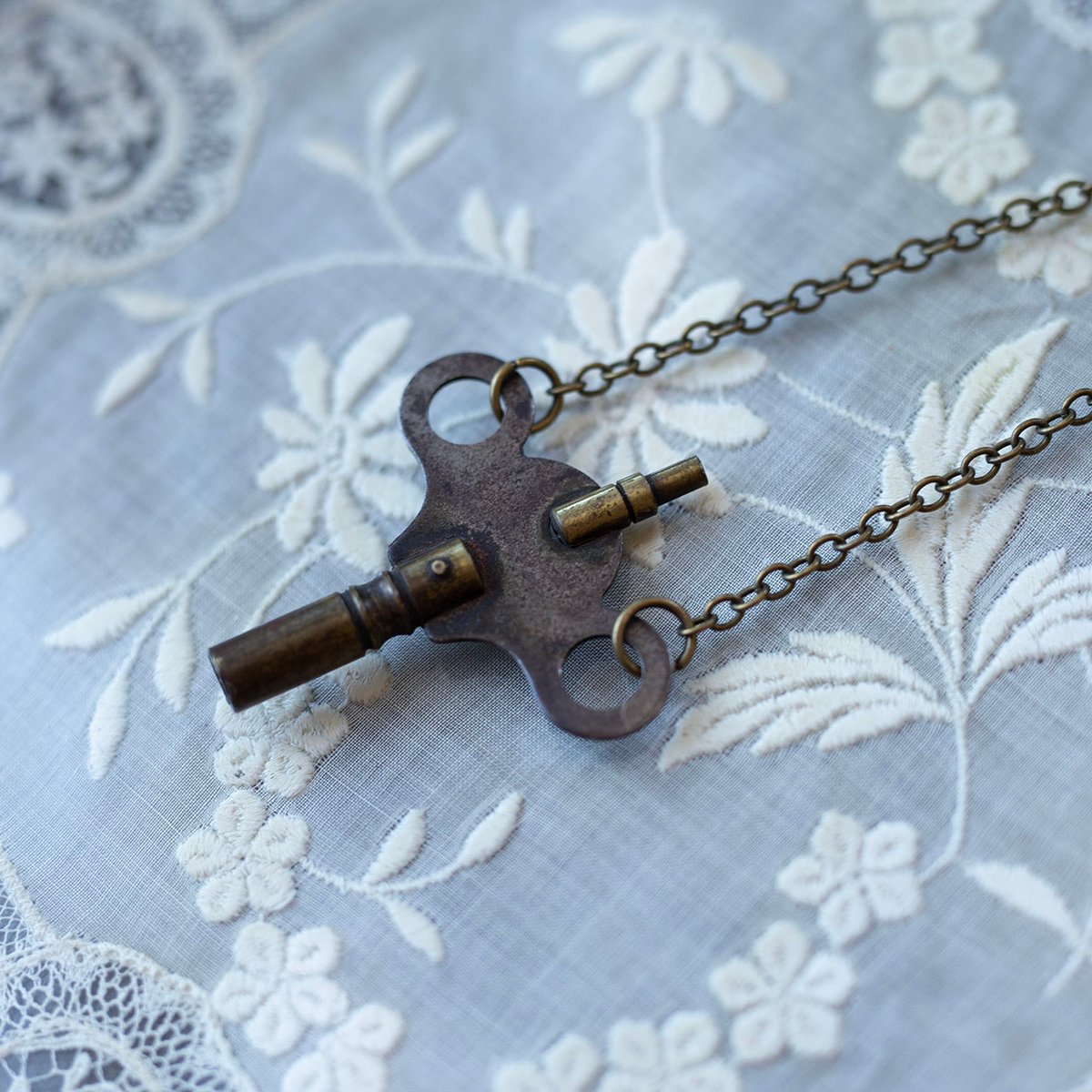 Antique Brass & Iron Clock Key Necklace