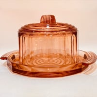 Image 1 of Plateau et cloche vintage Art Déco en verre rose rosaline - Gâteau ou fromage
