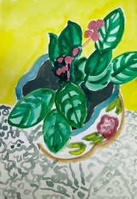 Image 1 of 2 Small Floral Watercolors  "African Violets in a Vintage Pot"