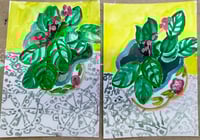 Image 3 of 2 Small Floral Watercolors  "African Violets in a Vintage Pot"