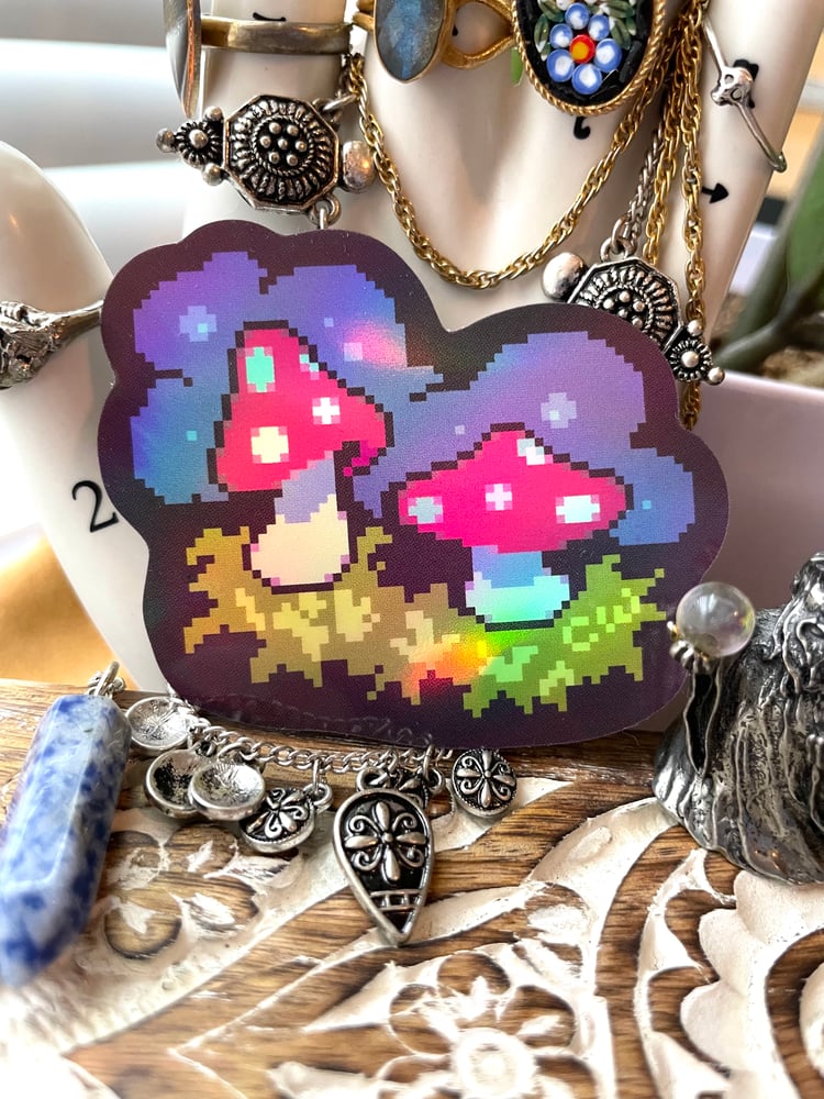 Image of Holographic Pixel Art Sticker - Magic Shroomies