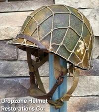 Image 9 of WWII M2 Dbale 509th PIB Front Seam Helmet & Paratrooper liner. Netting. 