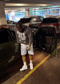 Image 3 of Copy of 505 levi's art dept custom screen print light blue/white denim jeans cut off shorts