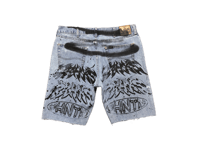 Image 2 of 505 levi's art Sade Adu dept custom screen print light blue/white denim jeans cut off shorts