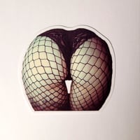 Image 1 of Gorgeous Round Booty In Fishnet Stockings & Lace Thong Glossy Finish Die Cut Paper Sticker