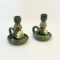 Image 2 of Paire de bougeoirs alsaciens en céramique grès vert 1960s