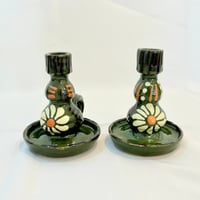 Image 1 of Paire de bougeoirs alsaciens en céramique grès vert 1960s