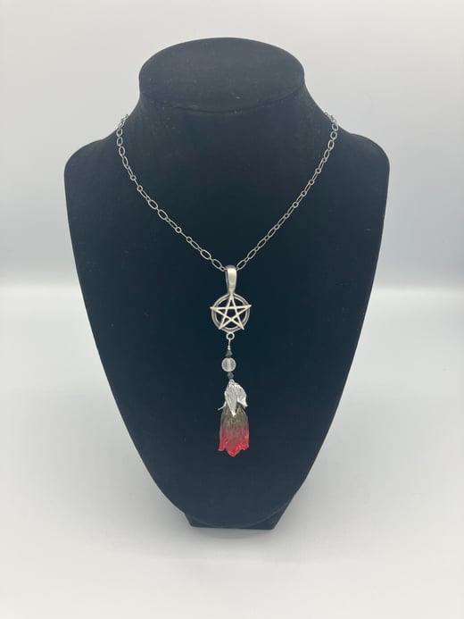 Blood Red and Black REAL Preserved Deadly Nightshade Antiqued Pewter Pentacle Pendant