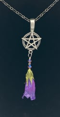 Electric Purple REAL Preserved Deadly Nightshade Antiqued Pewter Pentacle Pendant