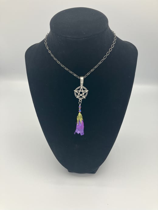 Electric Purple REAL Preserved Deadly Nightshade Antiqued Pewter Pentacle Pendant