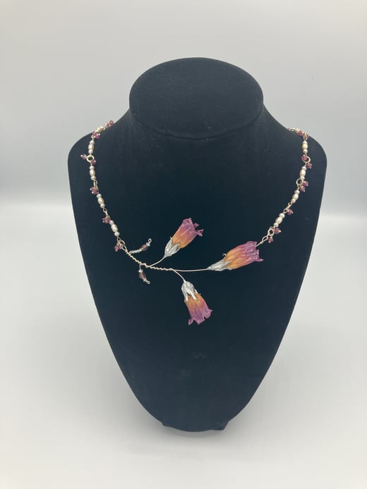 Light Purple REAL Preserved Deadly Nightshade Silver Necklace w/ Garnets, Freshwater Pearls