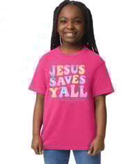 Image 1 of Jesus Saves Y'all Groovy with pastel colors - YOUTH tee - FREE SHIPPING!!