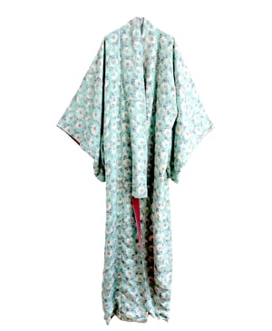 Image of Kimono dame af turkisgrøn silke med blomster