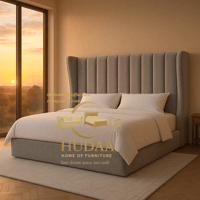 Image 2 of Modern Wingback Grey Upholstered Bed with Tall Headboard – HUDAA Home of Furniture