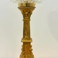 Image 5 of Ancienne lampe chandelier en bronze doré fin XIXe - Globe verre moulé à facettes diamant