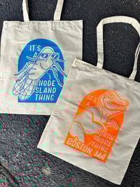 Image 1 of Rhode Island & Massachusetts Totes – Big Blue Bug & Orange Dinosaur Designs