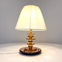 Image 1 of lampe boudoir Art Déco – verre rosaline taillé, années 1930 – abat-jour plissé ruban