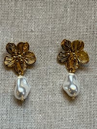 Image 2 of Golden Flower & Pearl Earrings-Stainless Steel