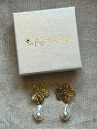 Image 3 of Golden Flower & Pearl Earrings-Stainless Steel