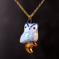 Blue Horned Owl on Moon Necklace