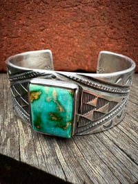Image 1 of WL&A Handmade Heavy Ingot Emerald Valley Turquoise Cross Roads Cuff - Size 7 to 7.5" Wrist