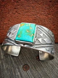 Image 2 of WL&A Handmade Heavy Ingot Emerald Valley Turquoise Cross Roads Cuff - Size 7 to 7.5" Wrist