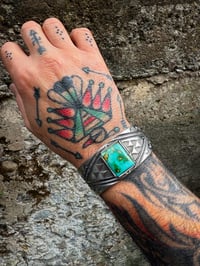 Image 4 of WL&A Handmade Heavy Ingot Emerald Valley Turquoise Cross Roads Cuff - Size 7 to 7.5" Wrist