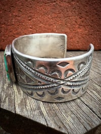 Image 6 of WL&A Handmade Heavy Ingot Emerald Valley Turquoise Cross Roads Cuff - Size 7 to 7.5" Wrist