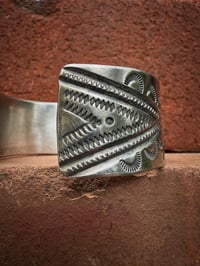 Image 7 of WL&A Handmade Heavy Ingot Emerald Valley Turquoise Cross Roads Cuff - Size 7 to 7.5" Wrist