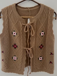 Image 1 of Lace Up Embroider Knit Vest Warm Beige