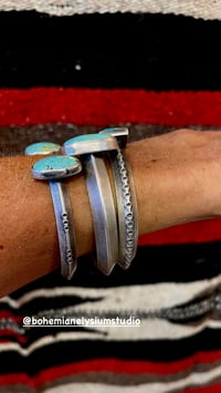 Image 2 of Triangle Hand Forged Sterling Cuff Bracelet with Iron Maiden Turquoise (thick width)