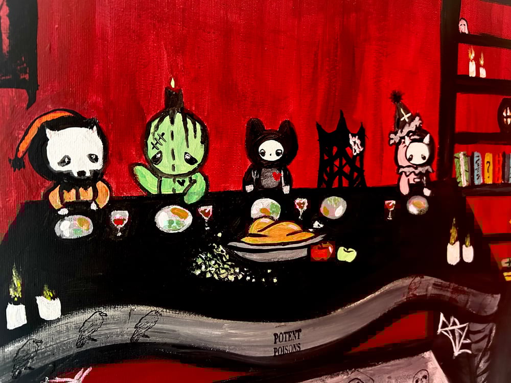 Image of Gothic Gibbies family dinner original painting 