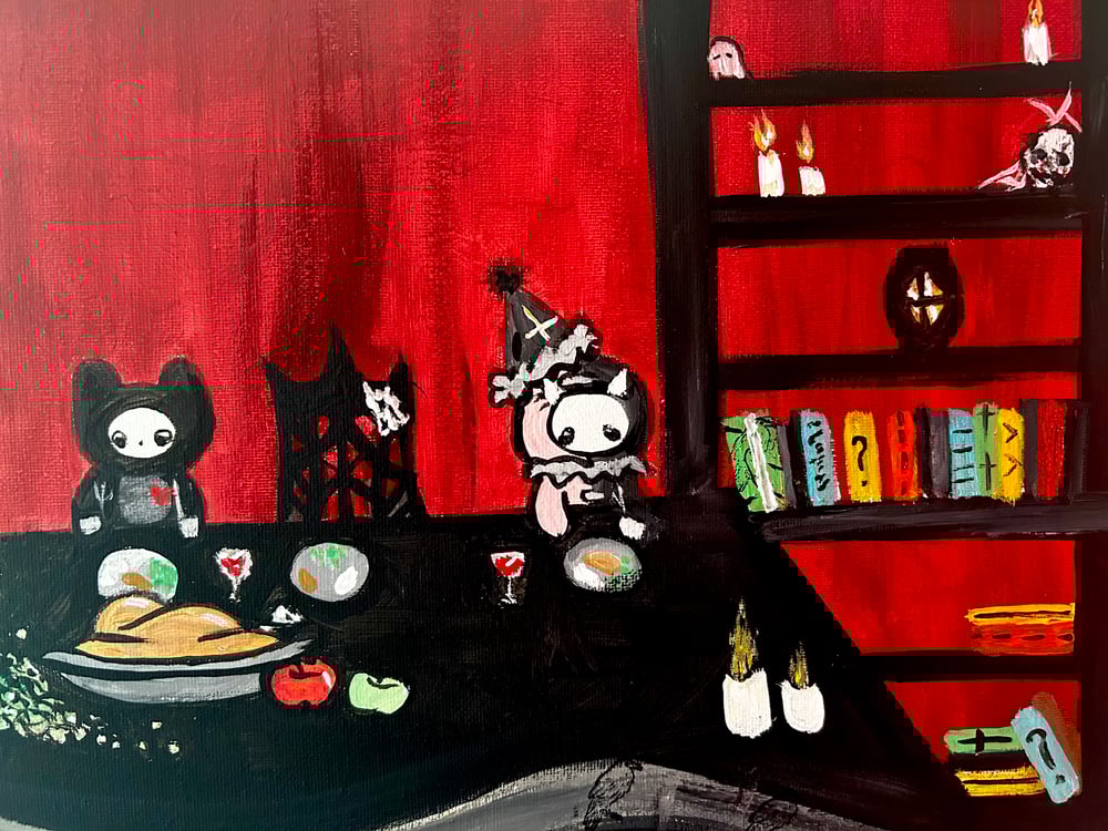 Image of Gothic Gibbies family dinner original painting 