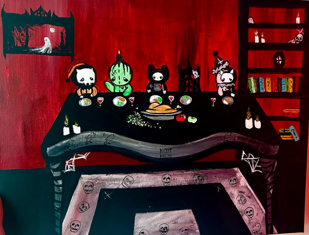 Image of Gothic Gibbies family dinner original painting 